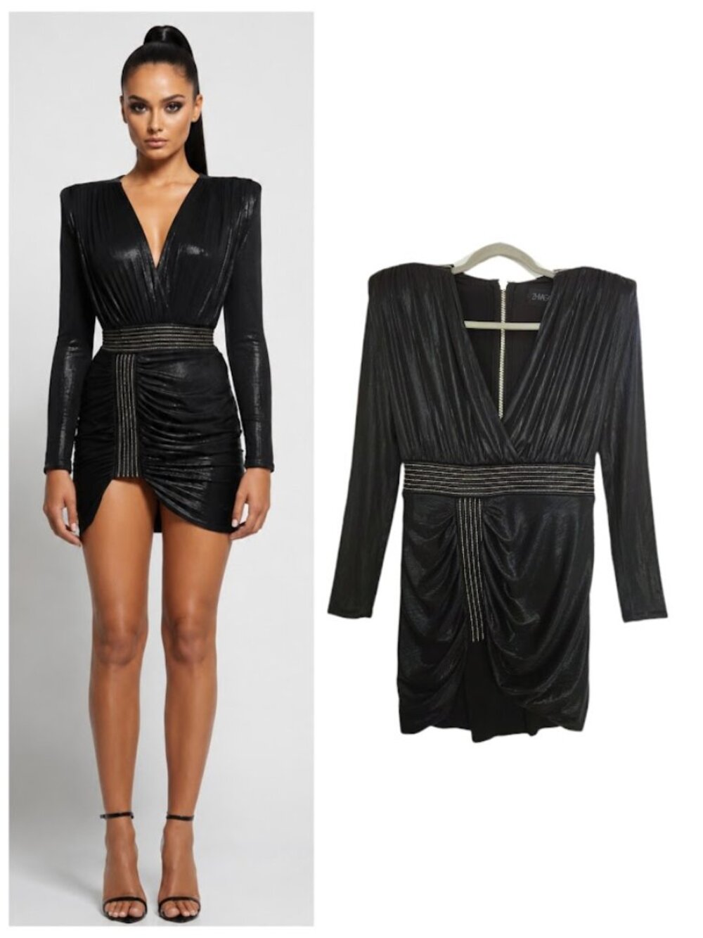 Zhivago Ziggy Mini Dress Long Sleeves Shoulder Pads Metallic Black 8